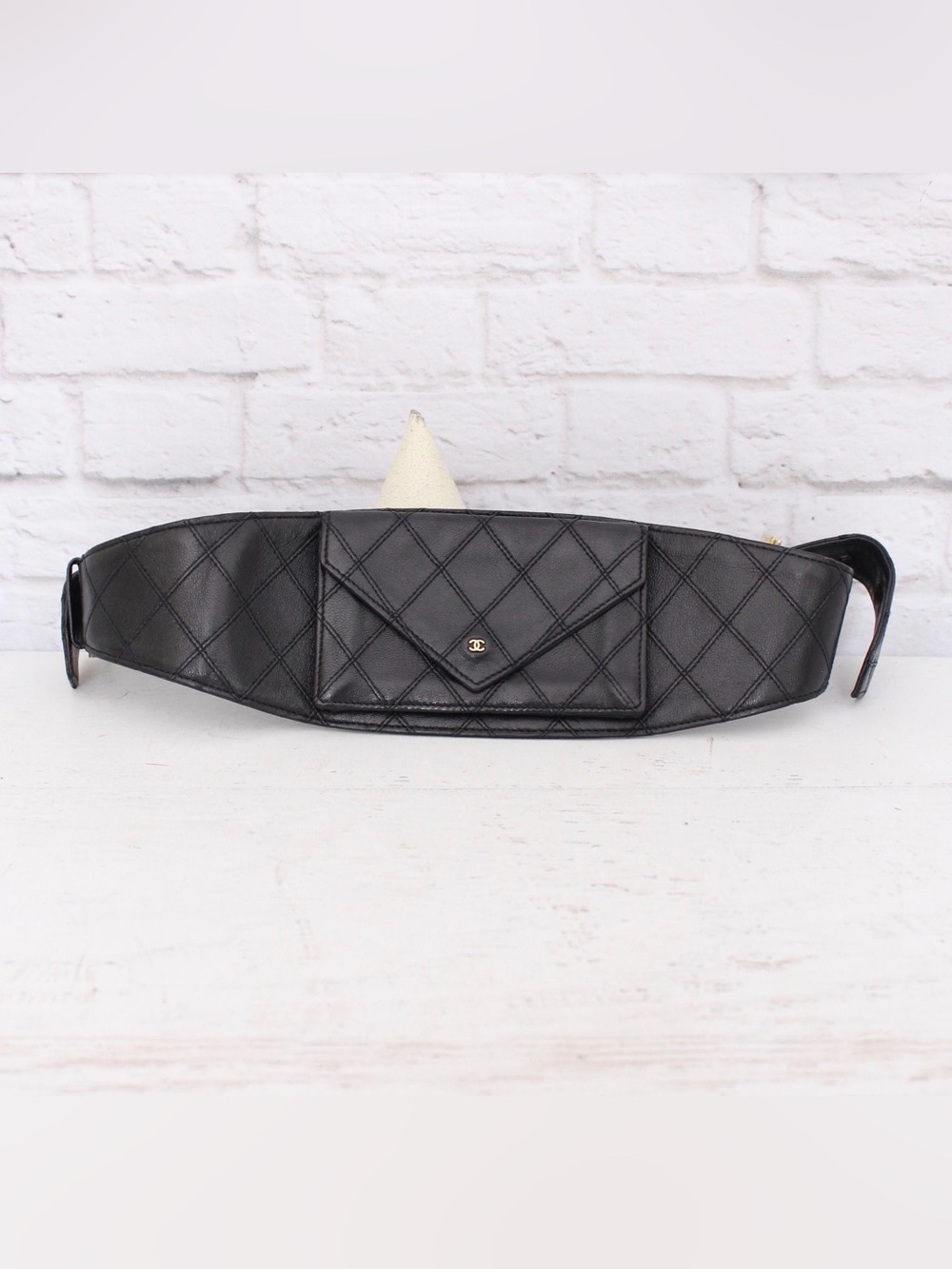CHANEL Black Vintage Quilted Leather Belt Bag with Gold CC Accent